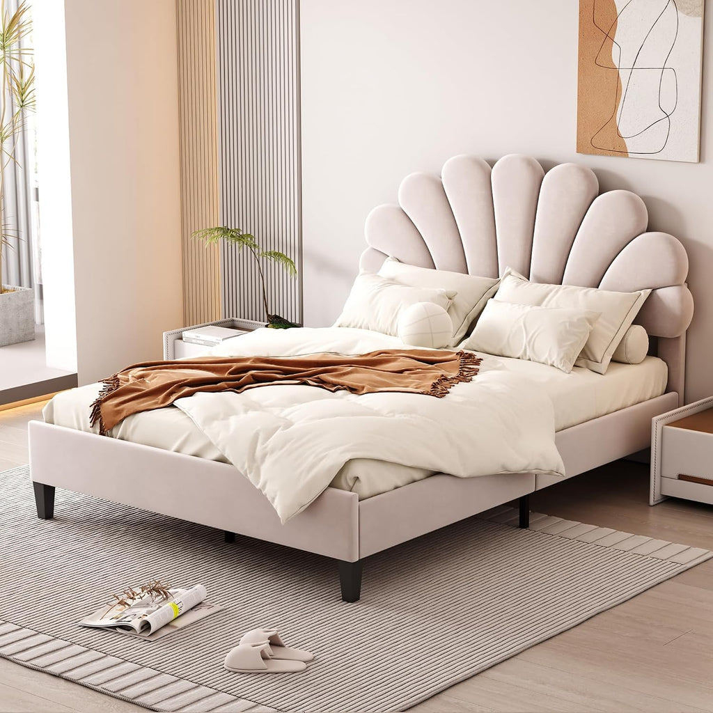 Harper & Bright Designs Full Size Upholstered Platform Bed Frame with Flower Pattern Velvet Headboard for Boys Girls Kids Adults, Beige