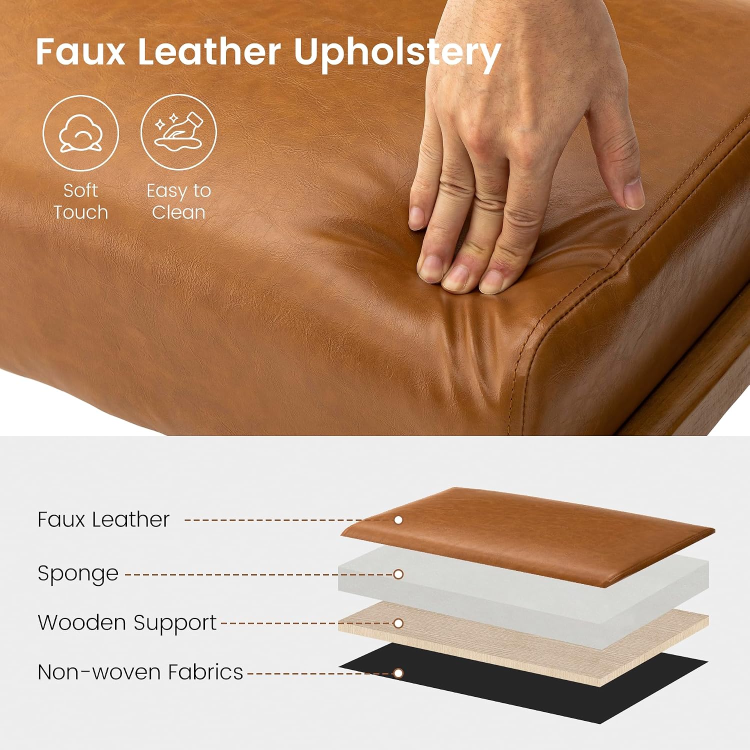 Glitzhome 15.5'(H) Footrest Stool, Leatherette Ottoman, Accent Padded Sofa Foot Stool for Accent Chair, Wood Frame Foot Rest Ottoman for Living Room, Bedroom, Yellowish-Brown