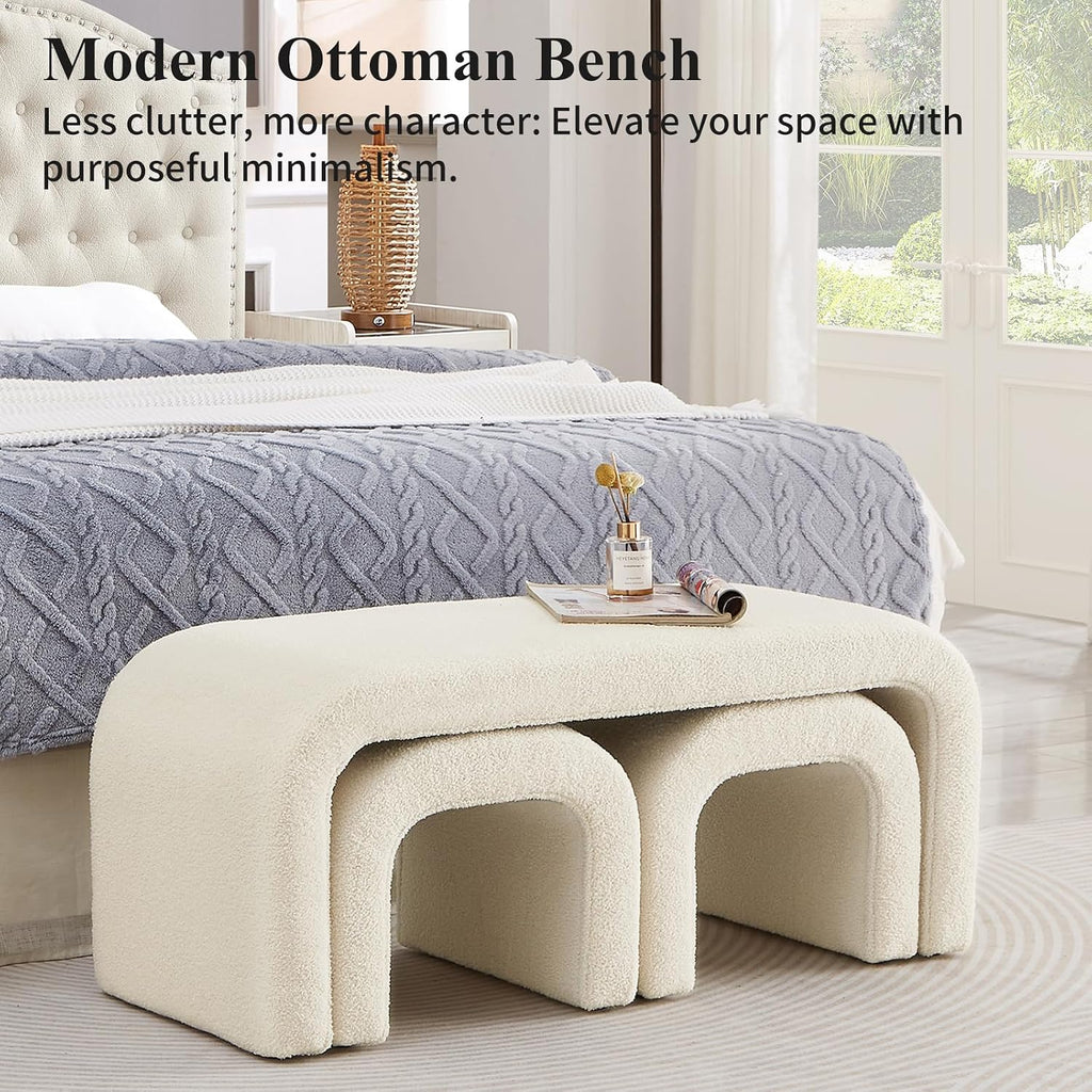 3-Piece Modern Ottoman Bench Set, 44' Wide Teddy Upholstered End of Bed Bench with 2 Foot Stools, Padded U-Shaped Entry Bench Vanity Stool for Living Room Bedroom (Cream)