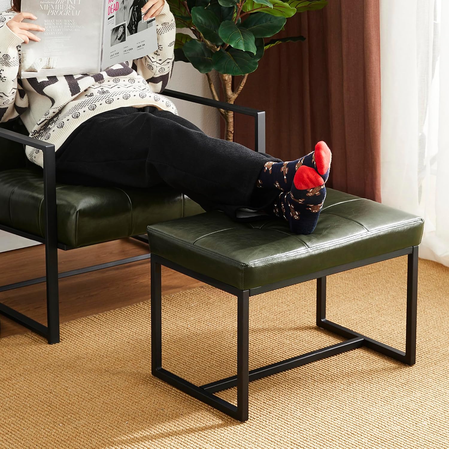 Glitzhome Ottoman Bench Pack of 2, Modern PU Leather Vanity Stools Chairs with Metal Frame, Makeup Stool Padded Foot Rest Stool for Living Room Vanity, Entryway, Bathroom,Green