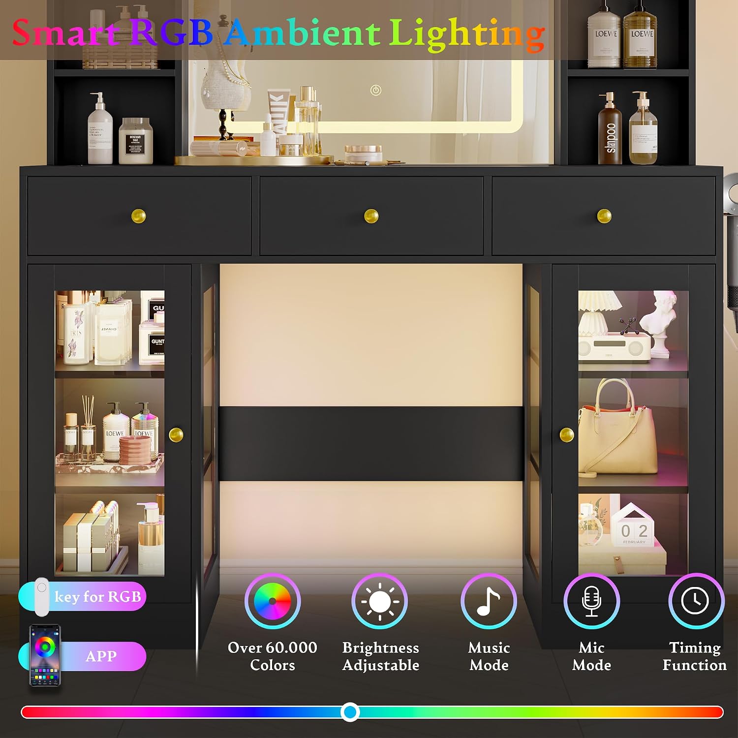 Makeup Vanity Desk with Mirror and Lights, 43' Black Vanity with Glass Top, Jewelry Storage, 3 Drawers & Glass Cabinets, Power Outlet & Adjustable LED Lights, Dressing Table for Women & Girls Bedroom