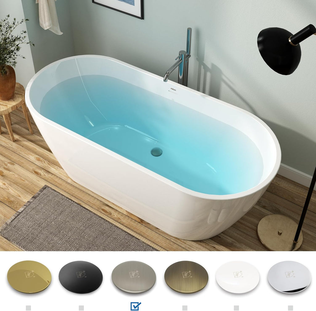 FerdY 67' Bali Acrylic Freestanding Bathtub, Gracefully Shaped Freestanding Soaking Bathtub, cUPC Certified, Toe-Tap Brushed Nickel Drain and Minimalist Linear Design Overflow Included