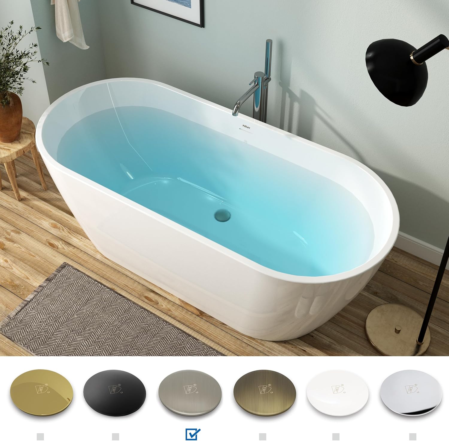 FerdY 67' Bali Acrylic Freestanding Bathtub, Gracefully Shaped Freestanding Soaking Bathtub, cUPC Certified, Toe-Tap Brushed Nickel Drain and Minimalist Linear Design Overflow Included