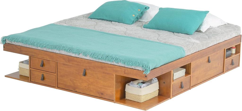 memomad Bali Bed - King Storage Platform Sturdy Wooden Frame with Drawers & More - Solid Pine - Noise Free - No Box Spring Needed - Slats Included (King Size, Oak Brown Wood)