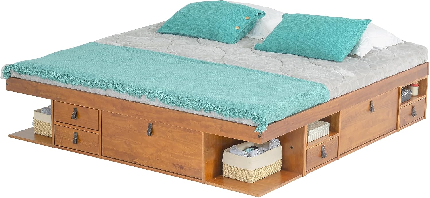 memomad Bali Bed - King Storage Platform Sturdy Wooden Frame with Drawers & More - Solid Pine - Noise Free - No Box Spring Needed - Slats Included (King Size, Oak Brown Wood)