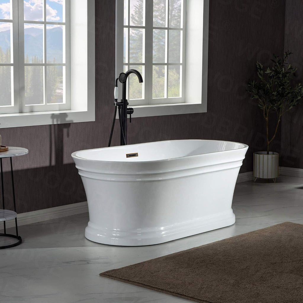 WOODBRIDGE 59'Freestanding White Acylic Soaking Bathtub with White Pillow,Drain and Overflow inORB,BTA1536 -ORB-Drain &O+ Pillow