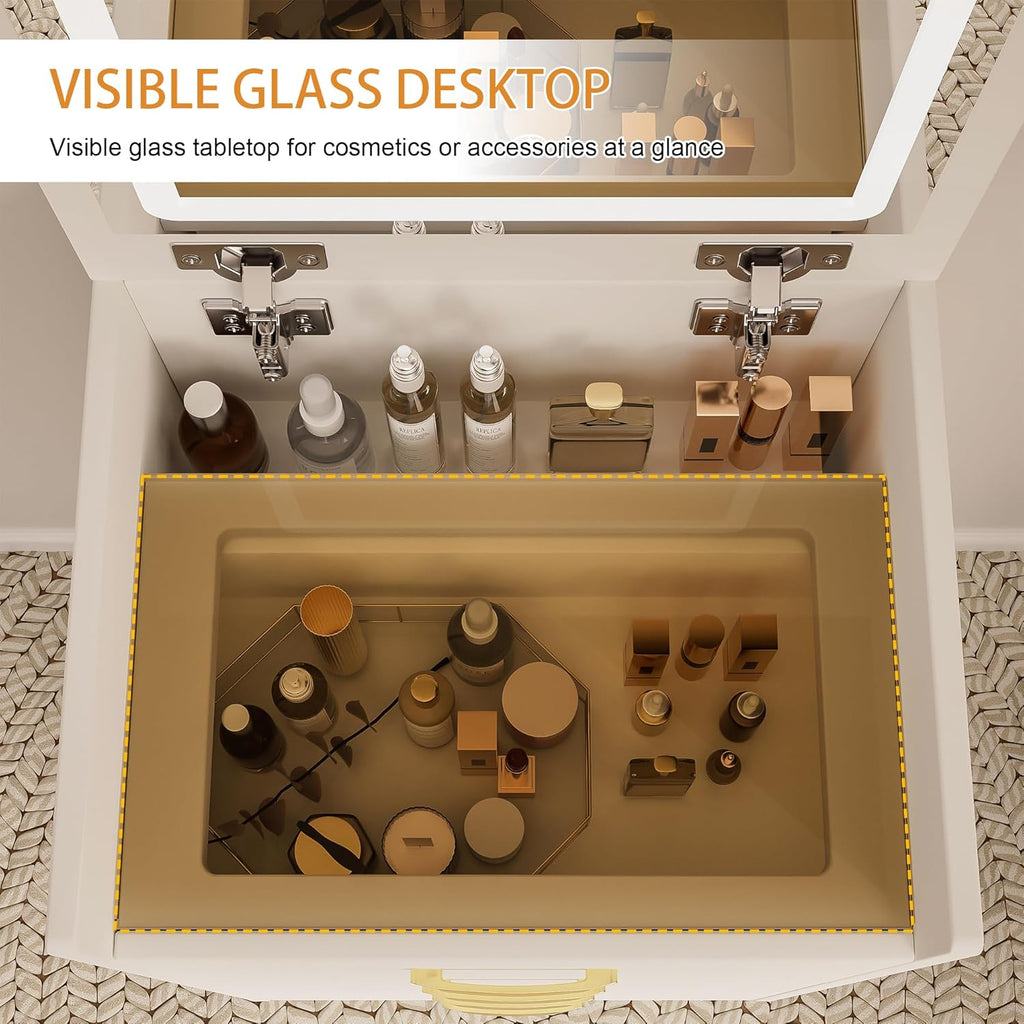3 in 1 Vanity Desk with Plip Top Mirror and Lights,Small Make Up Vanity Set with Visible Glass Desktop,Compact Makeup Vanity with 3 Drawers,Dressing Table for Bedroom,White