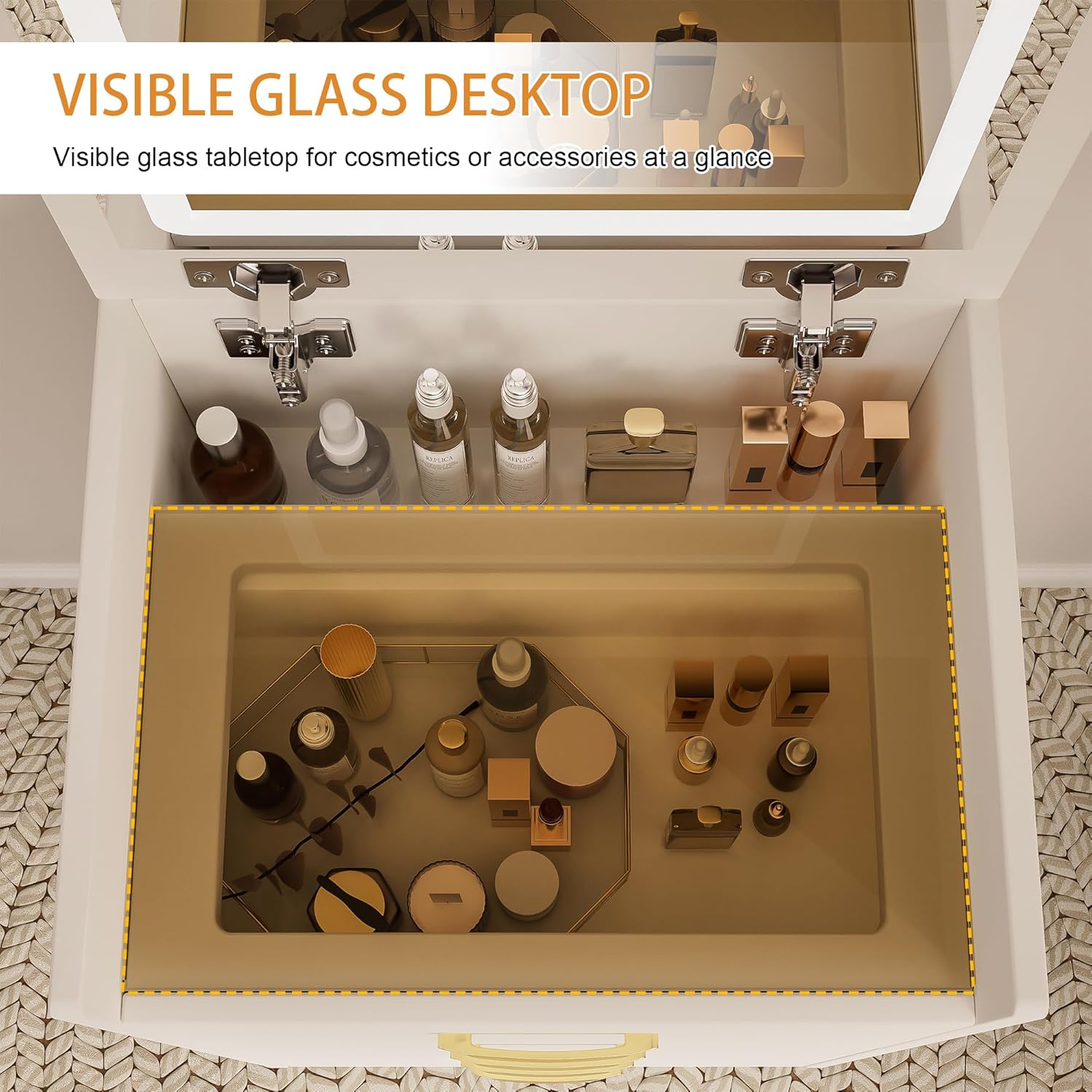 3 in 1 Vanity Desk with Plip Top Mirror and Lights,Small Make Up Vanity Set with Visible Glass Desktop,Compact Makeup Vanity with 3 Drawers,Dressing Table for Bedroom,White