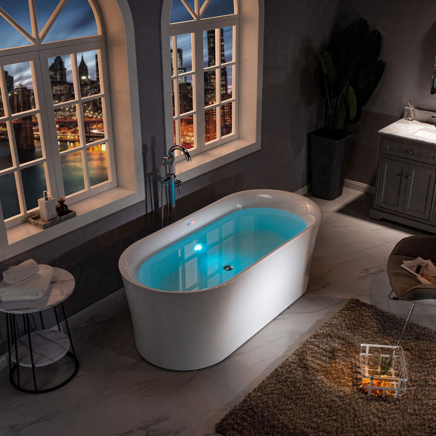 WOODBRIDGE 67' Air Bubble Acrylic Freestanding Bathtub Contemporary Soaking Tub, White Acrylic wirh Matte Black Drain and Overflow,B0101-MB