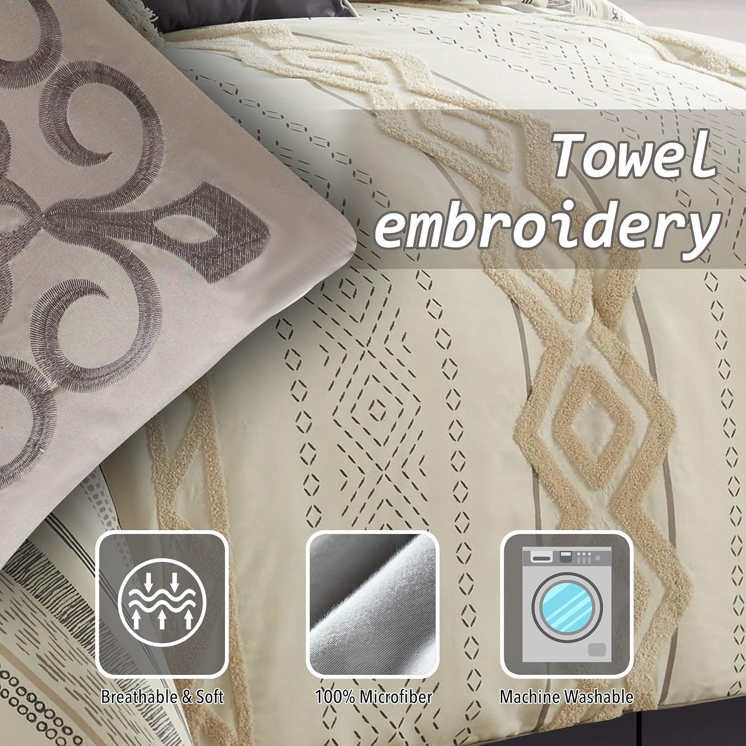 Stratford Park Beige/Ivory Boho Geometric King Size Comforter Set, 7 Piece, Print & Terry Embroidery Ultra Soft, Premium Microfiber, Home Decor