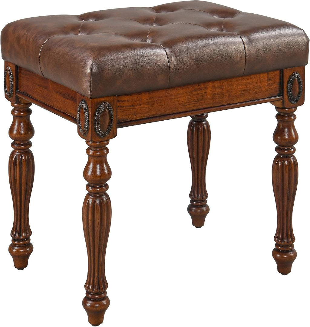 Solid Wood Vanity Bench Stool with Upholstered, Mid-Century Piano Bench with Carved Legs, Makeup Dressing Stools with Button Seat, No-Tools Assembly,18.5'L x 14.2'W x 19.1'H Brown FD-1533-BN