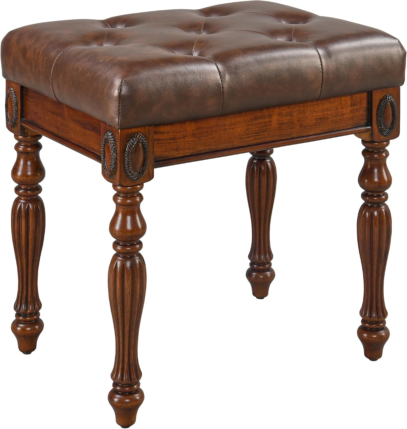 Solid Wood Vanity Bench Stool with Upholstered, Mid-Century Piano Bench with Carved Legs, Makeup Dressing Stools with Button Seat, No-Tools Assembly,18.5'L x 14.2'W x 19.1'H Brown FD-1533-BN
