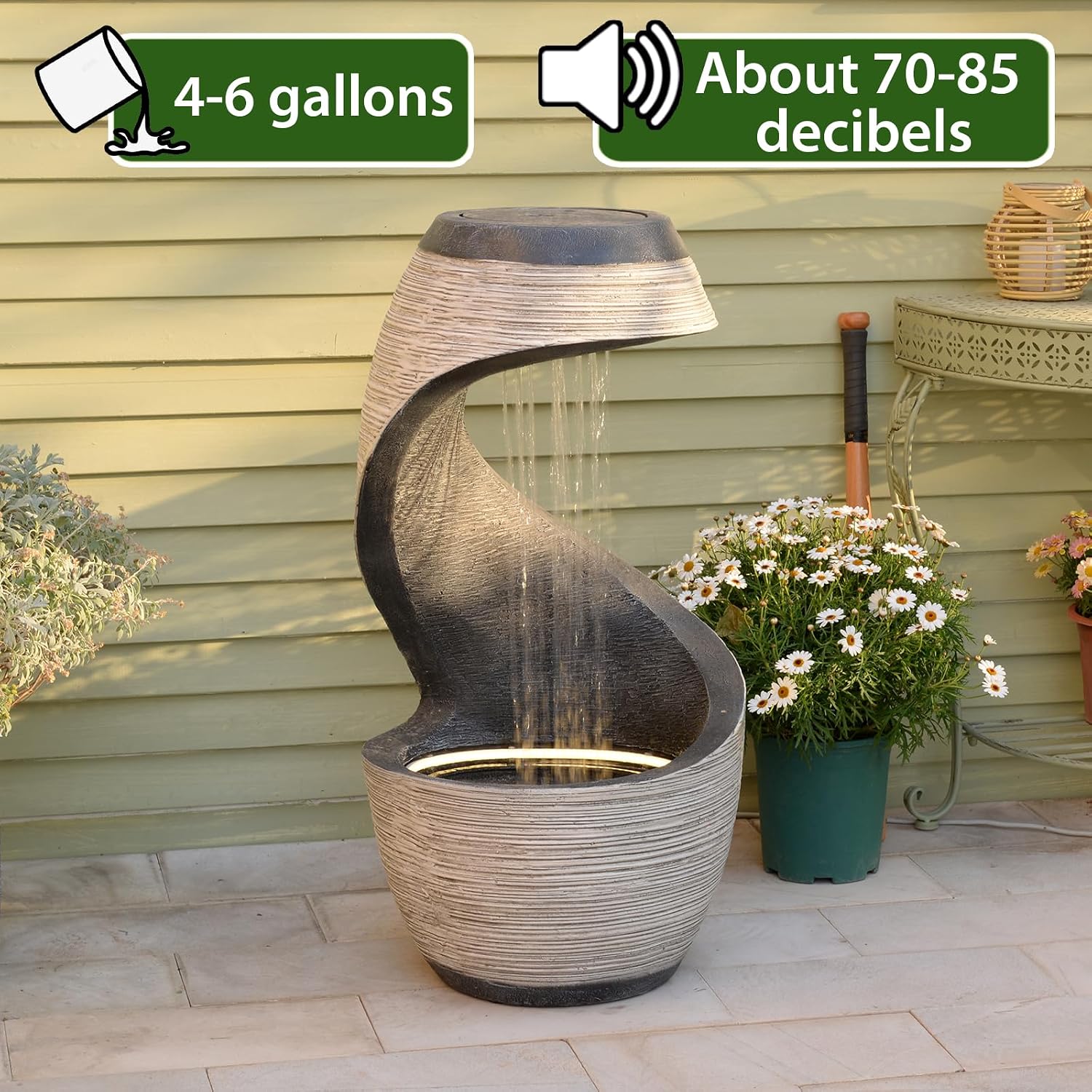 Sunlinua 37' Tall S-Shaped Outdoor Waterfall Fountain – Rainfall Water Fountain for Garden, Patio or Backyard Decor, Floor-Standing Resin Garden Fountains Water Feature with Flat Top for Plant Display