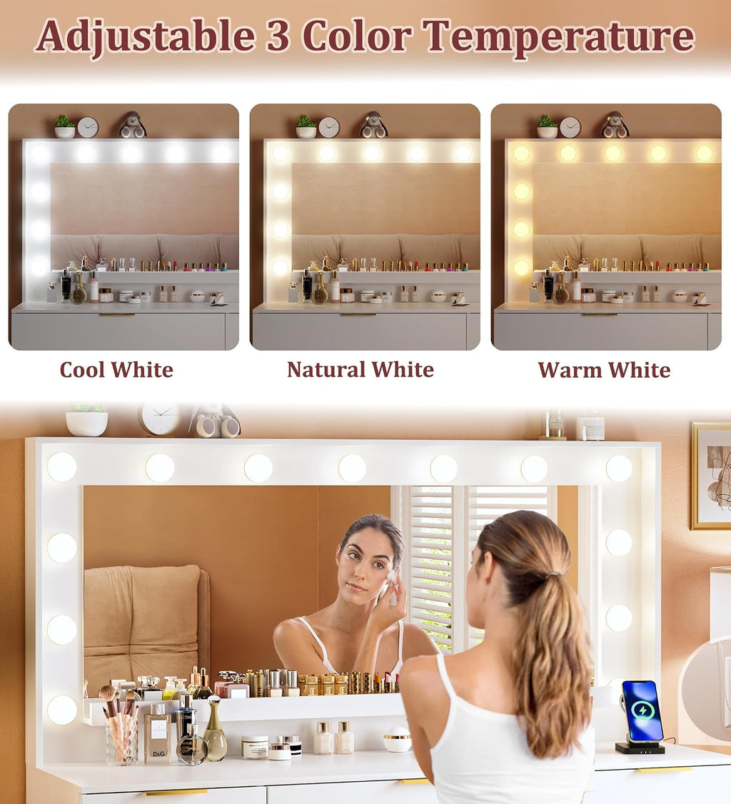 ALEXNUTRE Vanity Desk with Large Mirror and Lights, 45.3in Makeup Vanity with Power Outlet 9 Drawers & Storage, 3 Lighting Color Adjustable, White Vanity Desk for Bedroom