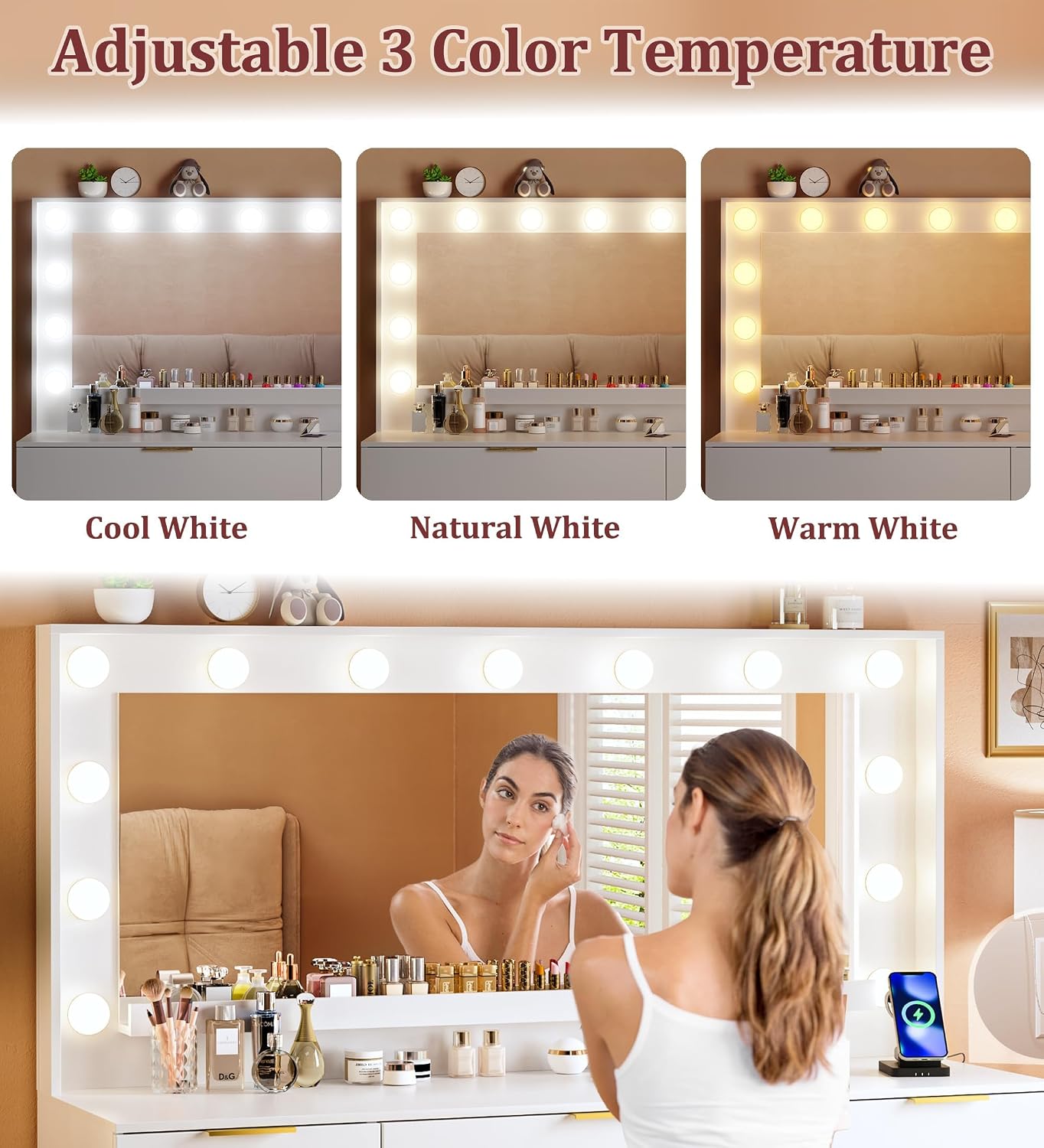 ALEXNUTRE Vanity Desk with Large Mirror and Lights, 45.3in Makeup Vanity with Power Outlet 9 Drawers & Storage, 3 Lighting Color Adjustable, White Vanity Desk for Bedroom
