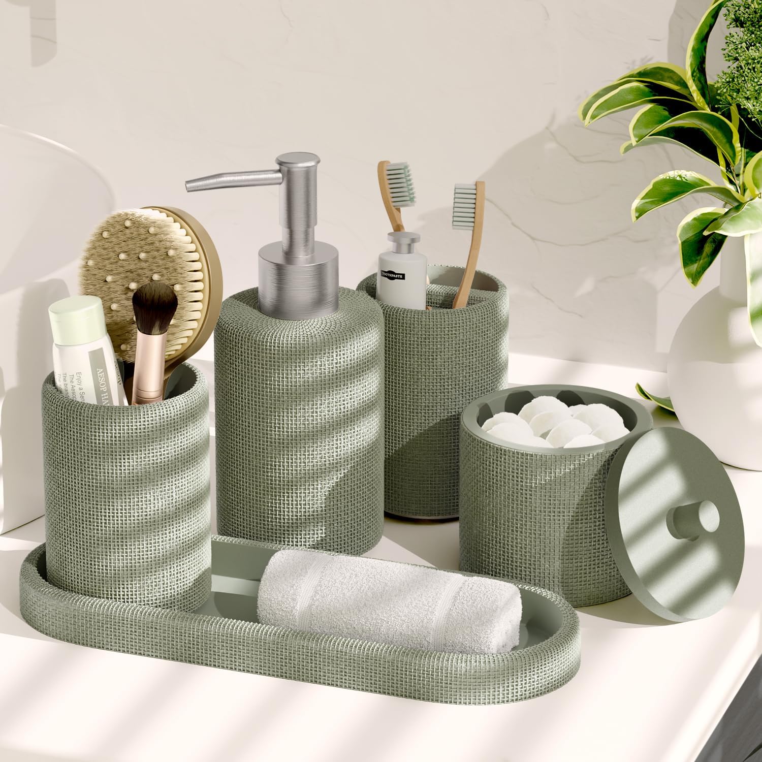 Hearth & Harbor Sage Green Bathroom Set - Bathroom Sets with Shower Curtain and Rugs, 21PC Bathroom Accessory Set, Shower Curtain Set with Soap Dispenser & Toothbrush Holder