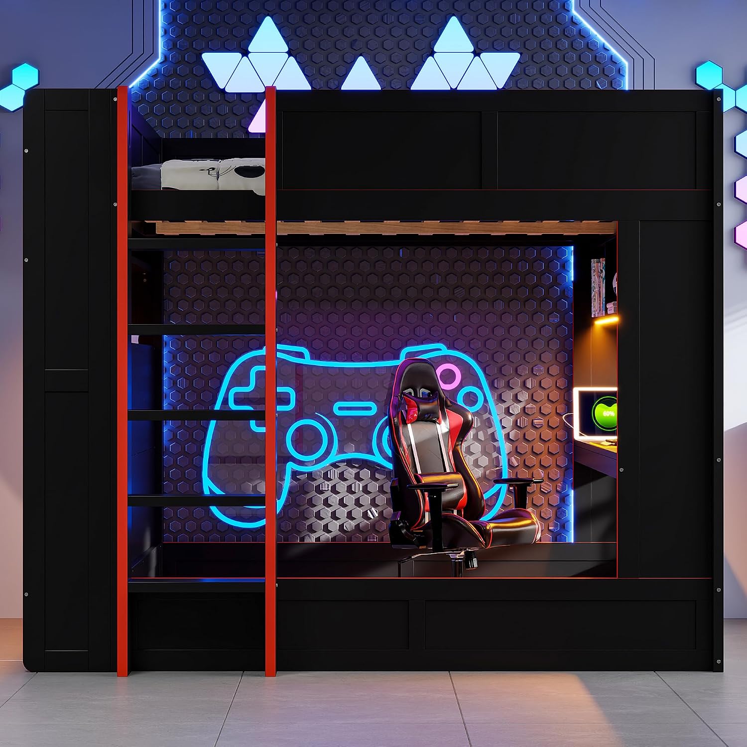 RUNNA Full Size Wood Gaming Bunk Bed with Desk, Storage Shelves, LED and Charging Station, Study & Play Space for Kids & Teens