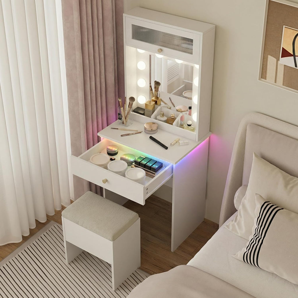 ARTETHYS Small Vanity Desk with Mirror and Lights White Small Makeup Vanity with Storage Chair Mini Makeup Table Set for Bedroom Compact Dressing Table with RGB Lights for Tiny Space