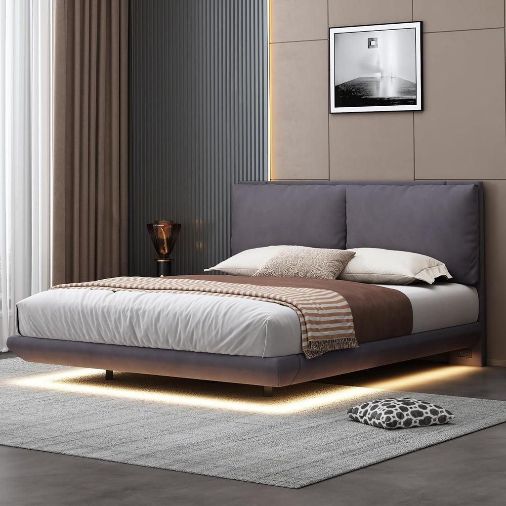 Ball & Cast Queen Size Floating Bed Frame,Velvet Upholstered Platform Bed with Sensor Light and 2 Large Backrests,Two Sets of USB Port,Slat Support,No Box Spring Needed,for Apartment,Bedroom,Gray