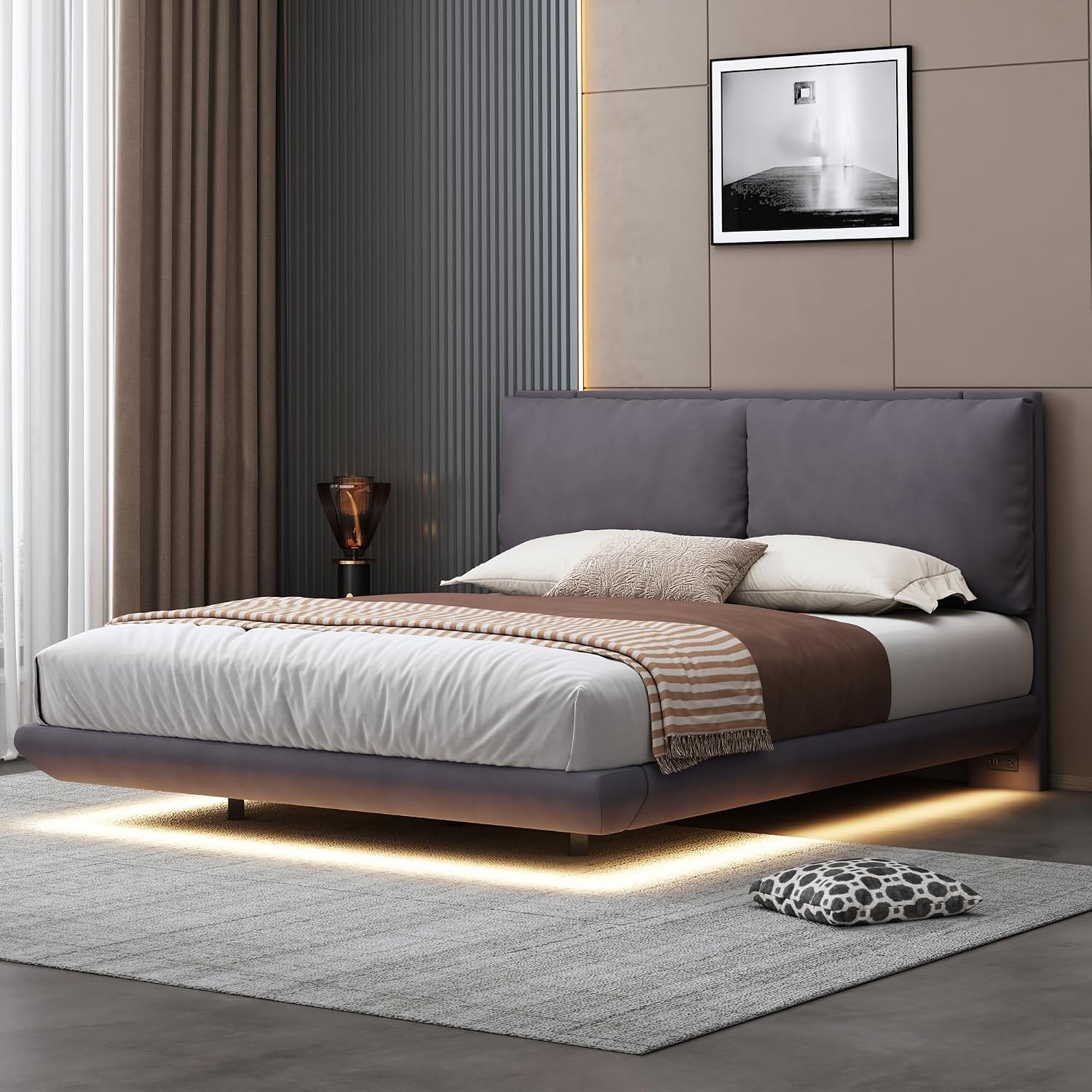 Ball & Cast Queen Size Floating Bed Frame,Velvet Upholstered Platform Bed with Sensor Light and 2 Large Backrests,Two Sets of USB Port,Slat Support,No Box Spring Needed,for Apartment,Bedroom,Gray