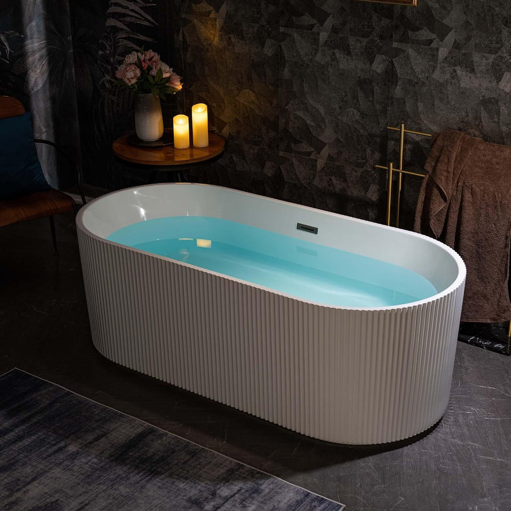 WOODBRIDGE 67' L x 31-1/2' W Freestanding Contemporary Soaking Bathtub with Matte Black Pop-Up Drain Drain and Overflow Option, White, BTA1526/B0026+MB-Drain &O
