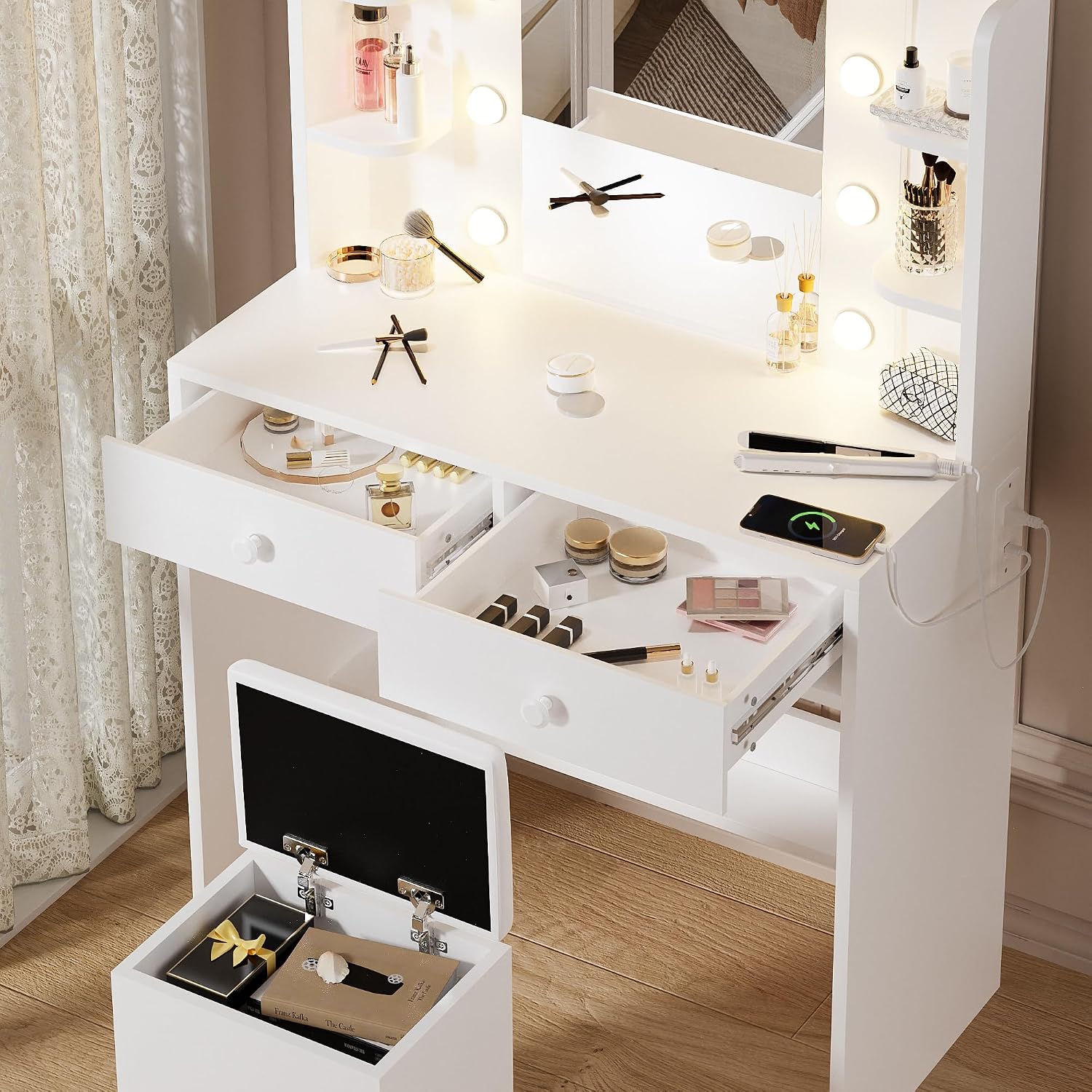 Haewon White Vanity Desk with Mirror and Lights, Makeup Vanity with 10 LED Bulbs and 3 Color Modes, Dressing Table Set with Power Outlets, Storage Drawers and Chair for Bedroom
