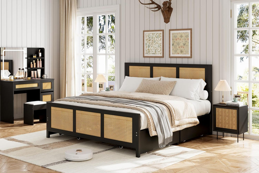 GarveeHome Black Rattan Bed Frame with Headboard, Boho Cane Platform Full Size Bed Frame with 4 Drawers, Strong Metal Slats Support, Noise Free, No Box Spring Needed