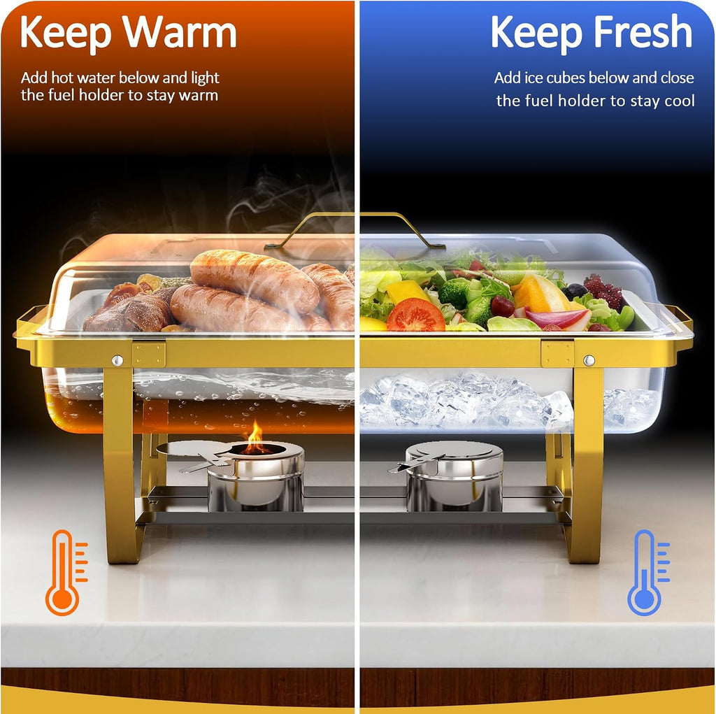 9 QT Chafing Dishes for Buffet Set 2 Pack, Gold Stainless Steel Food Warmers with Serving Utensils Folding Stand, Buffet Servers for Parties, Weddings, Catering, Family Gatherings