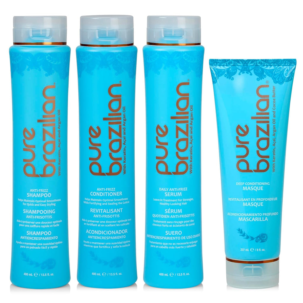 Pure Brazilian - 4 Piece Essential Home Care Kit - Anti Frizz Serum, Shampoo, Conditioner, And Deep Conditioning Masque- With Keratin, Argan Oil, And Acai