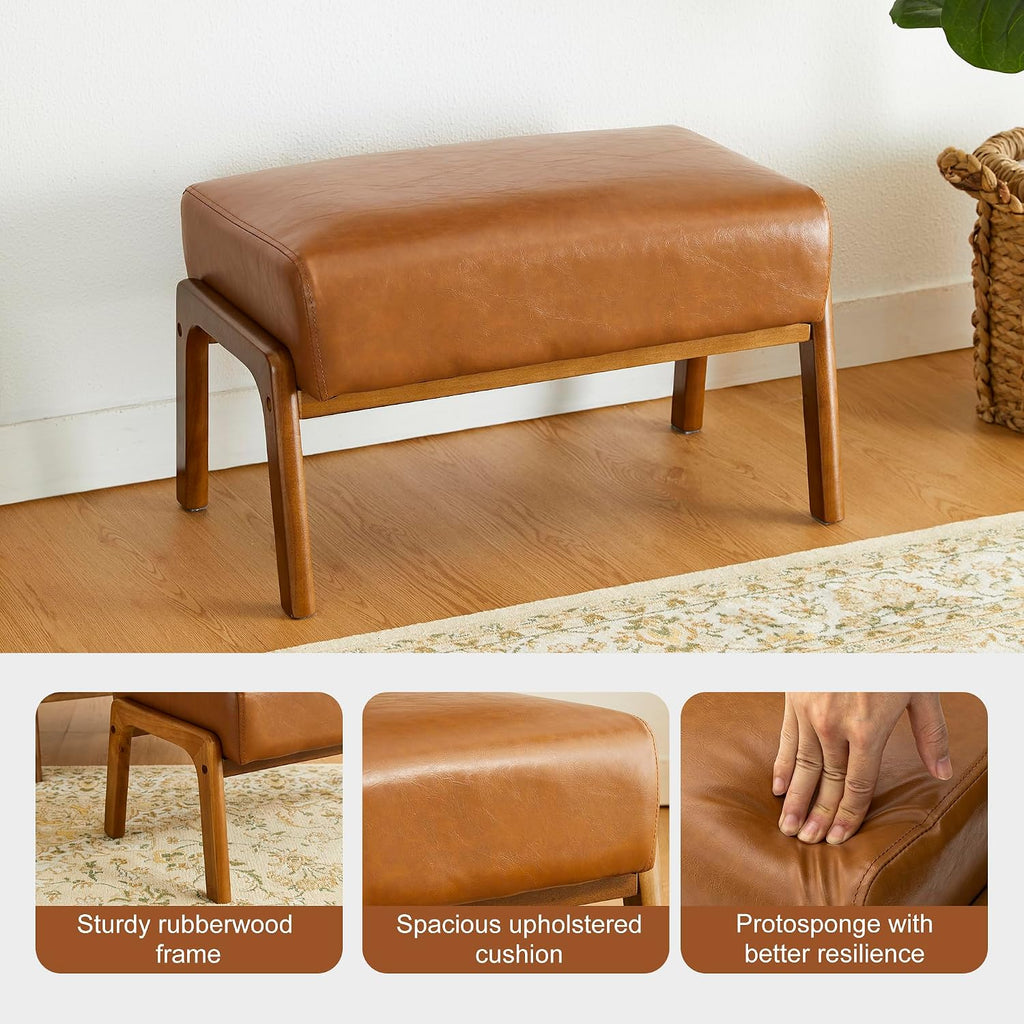 Glitzhome 15.5'(H) Footrest Stool Set of 2, Leatherette Ottoman, Accent Padded Sofa Foot Stool for Accent Chair, Wood Frame Foot Rest Ottoman for Living Room, Bedroom, Yellowish-Brown