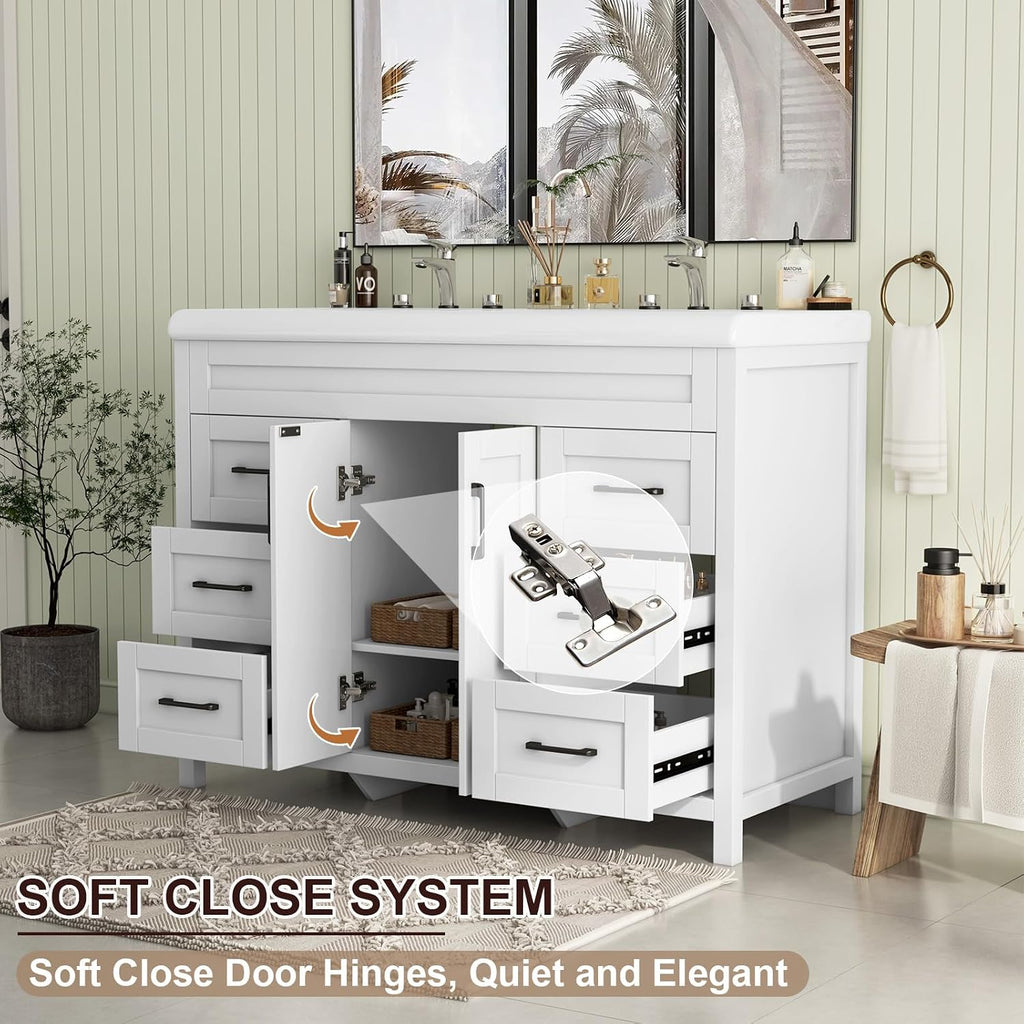 Bathroom Vanity with Double Sink, 48 inch Modern Bathroom Storage Cabinet with Undermount Ceramic Sink, Soft Closing Doors and 6 Drawers, White
