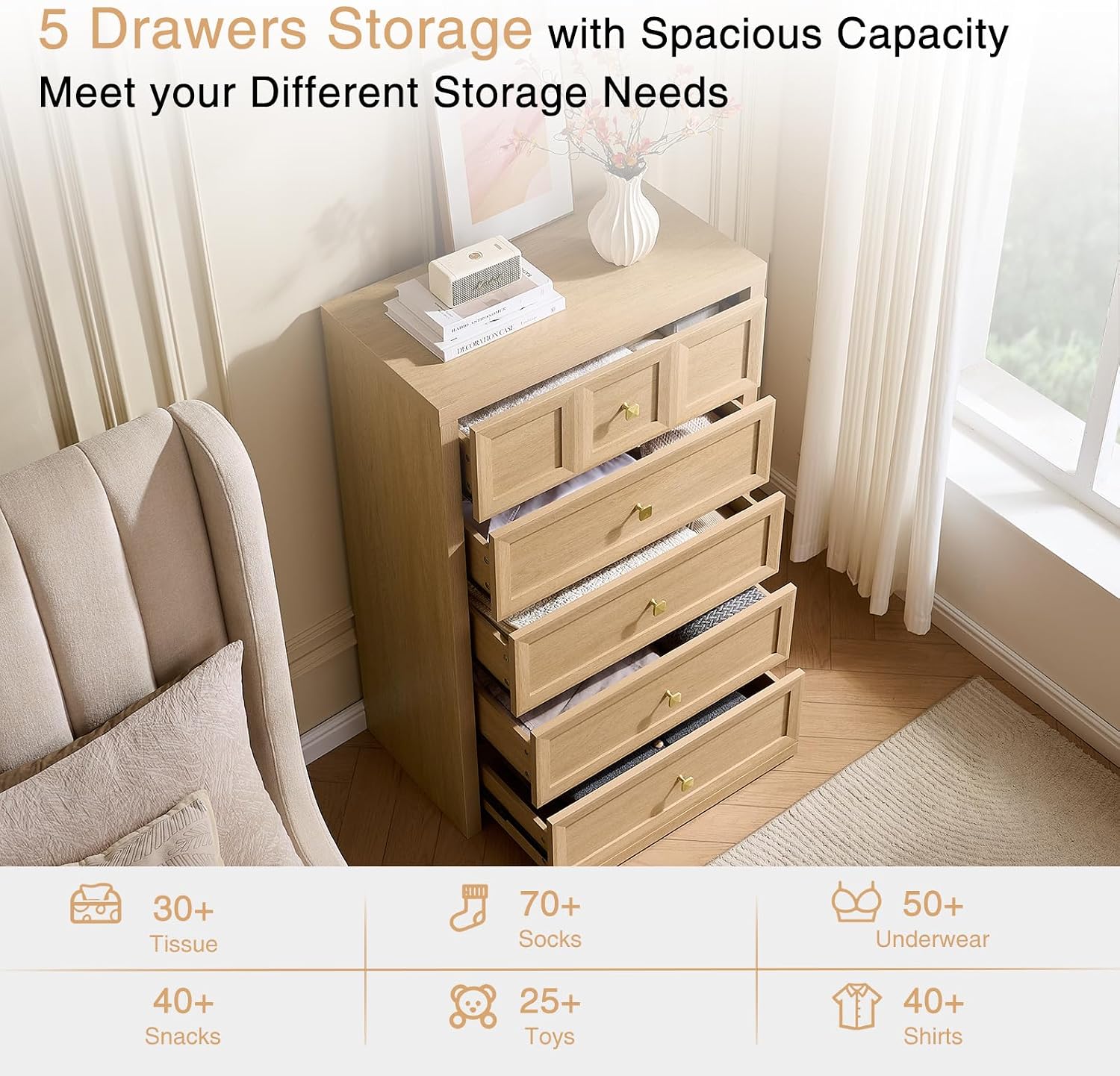 3-Piece Bedroom Set, 5 Drawer Tall Dresser and 3 Drawer King Size Nightstands Set of 2 with Charging Station, 3 Piece Farmhouse Wood Bedroom Dresser and Nightstand Sets, Natural