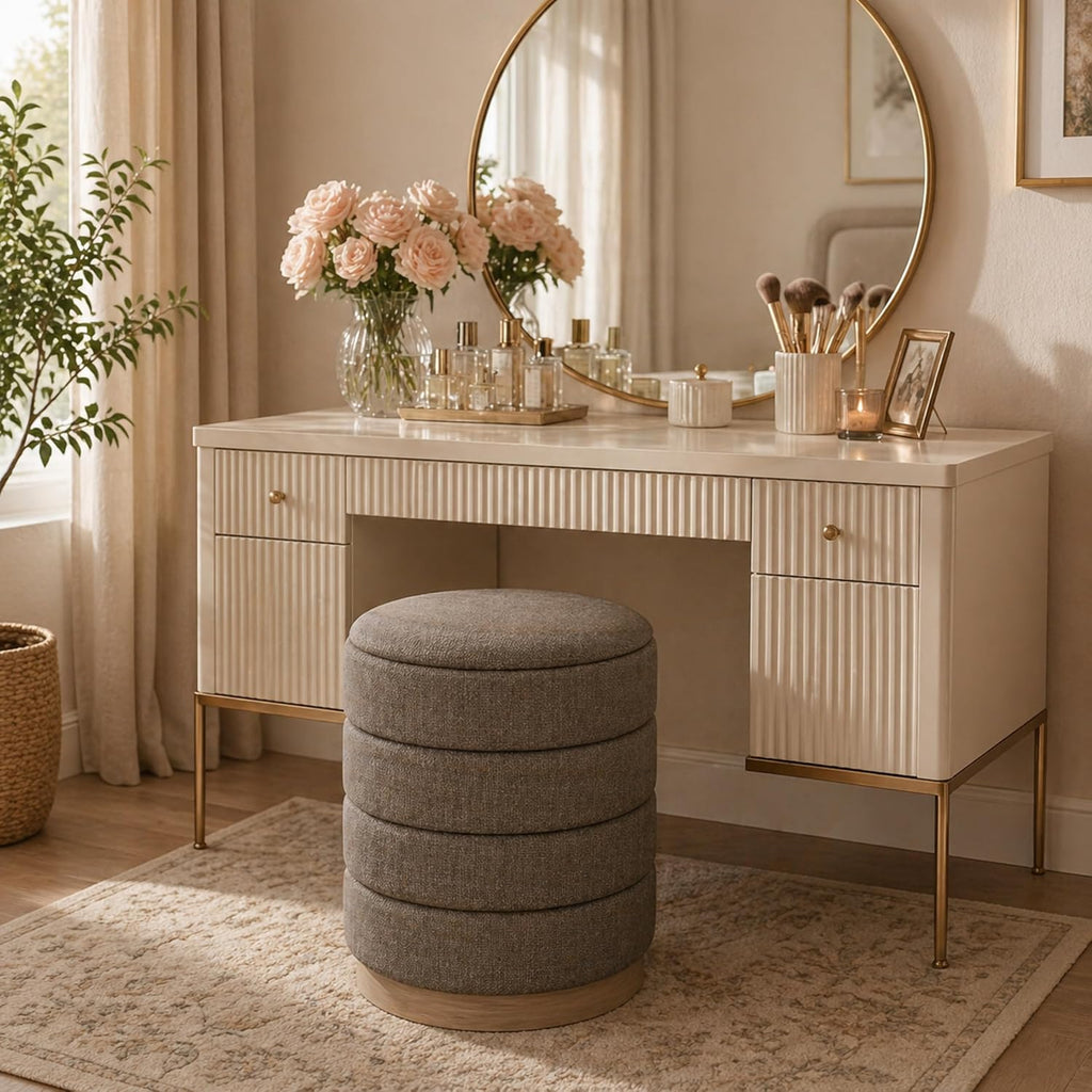 Ottoman Collection Stylish Linen Cylinder Storage Tan Round Footrest Vanity Stool Furniture Living Room Small Bench 16' L X16 W X 17' H