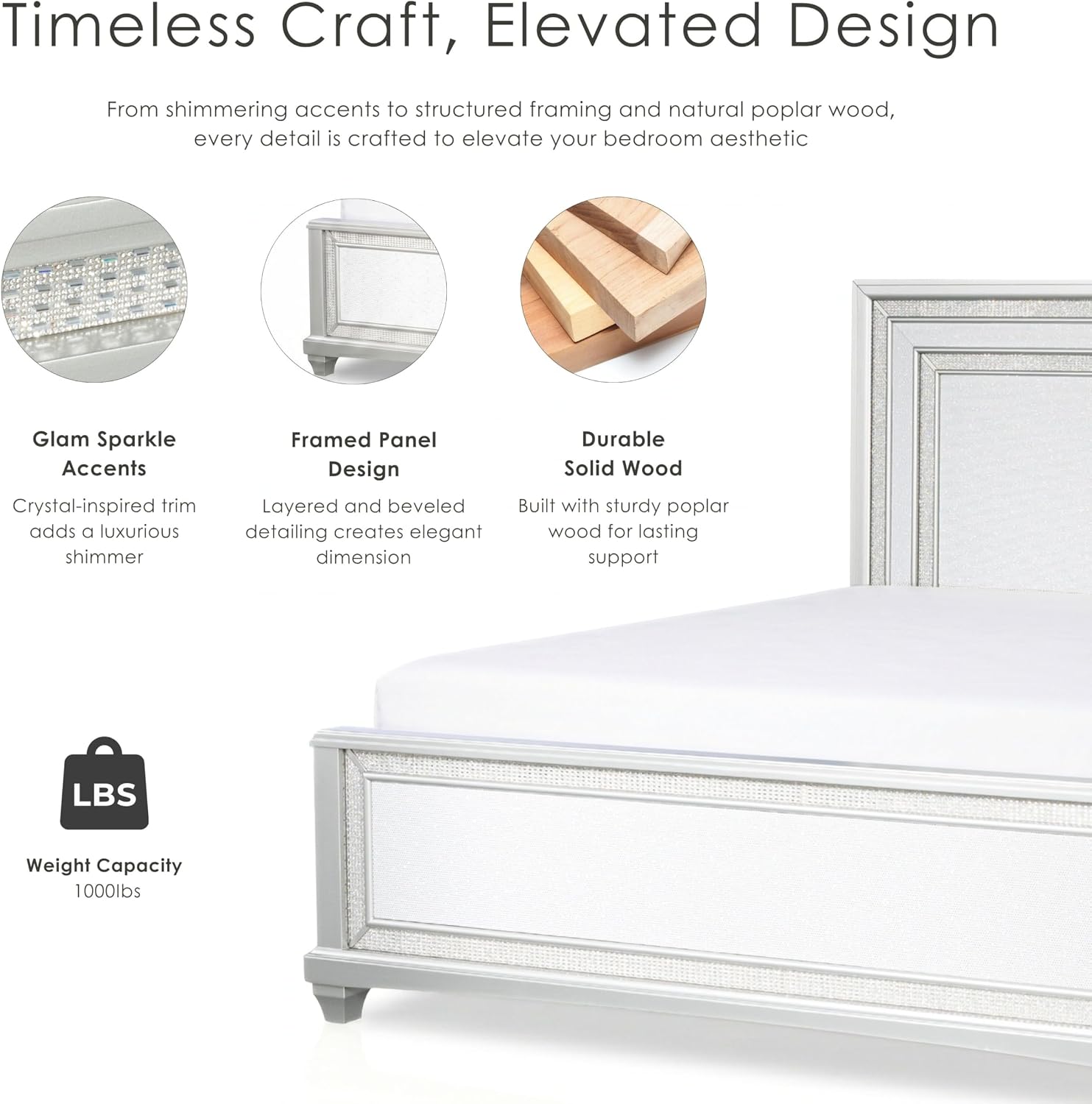 Furniture of America Silvia Glam Solid Wood 5-Piece Bedroom Set with Layered Frame Bed, Faux Crystal Trim LED on Nightstands and Dresser with Mirror, Box Spring Needed for Bedroom, King, Silver