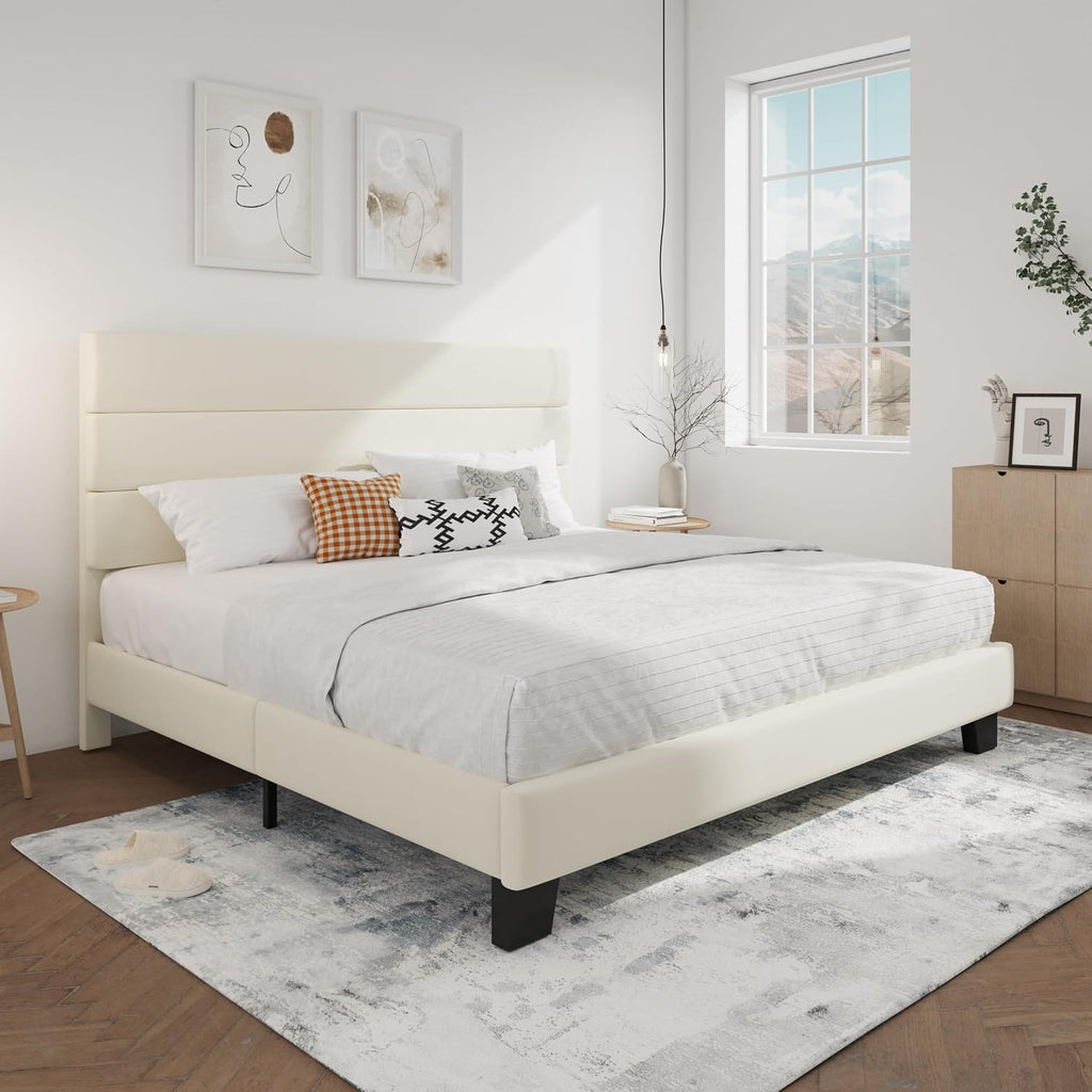 SHA CERLIN King Platform Bed Frame with Velvet Upholstered Headboard, Mattress Foundation with Strong Wooden Slats Support, No Box Spring Needed, Cream