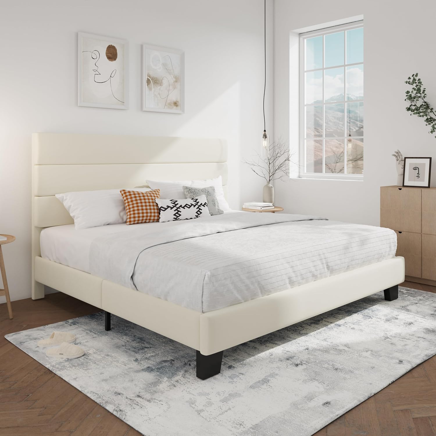 SHA CERLIN King Platform Bed Frame with Velvet Upholstered Headboard, Mattress Foundation with Strong Wooden Slats Support, No Box Spring Needed, Cream