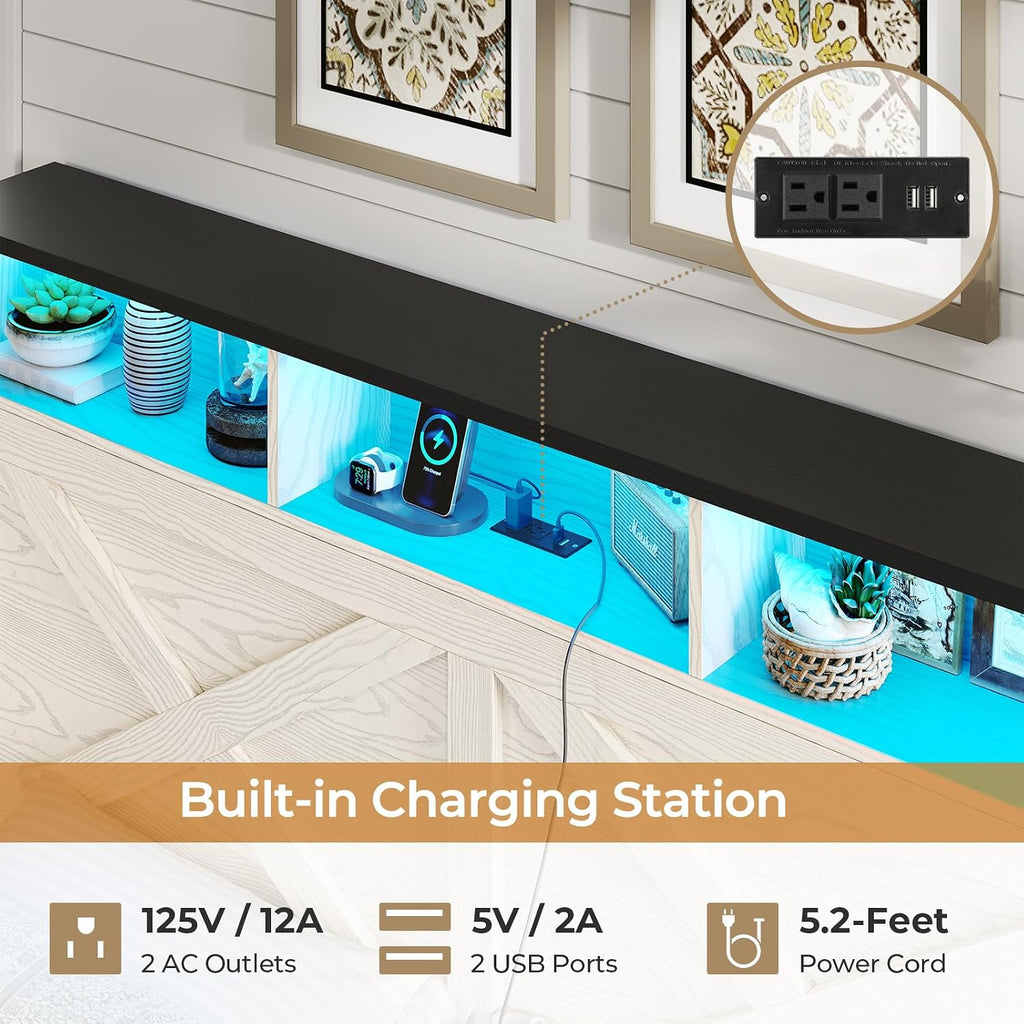 DICTAC Farmhouse Queen Bed Frame with Storage Headboard, Charging Station and LED Lights Wood Platform Bed Frame Queen Size with Storage Ottoman,Metal Slats Support,No Box Spring Needed, Antique White