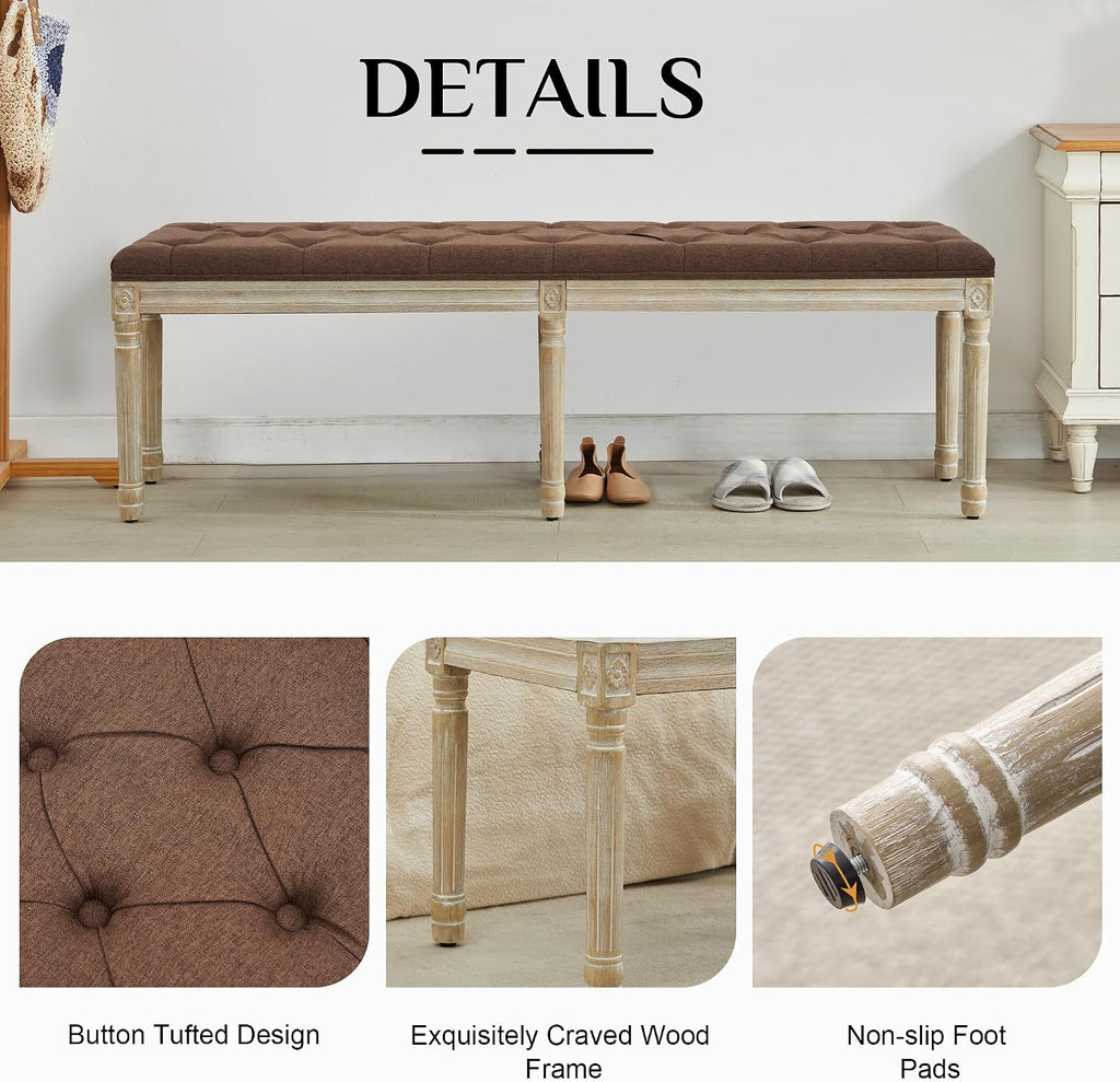 LOULENS 57.7' Linen Fabric End of Bed Bench, French Upholstered Button Tufted Bench for Bedroom End of Bed King Size, Window Seat with Carved Wood Legs for Bedroom, Living Room, Entryway, Brown