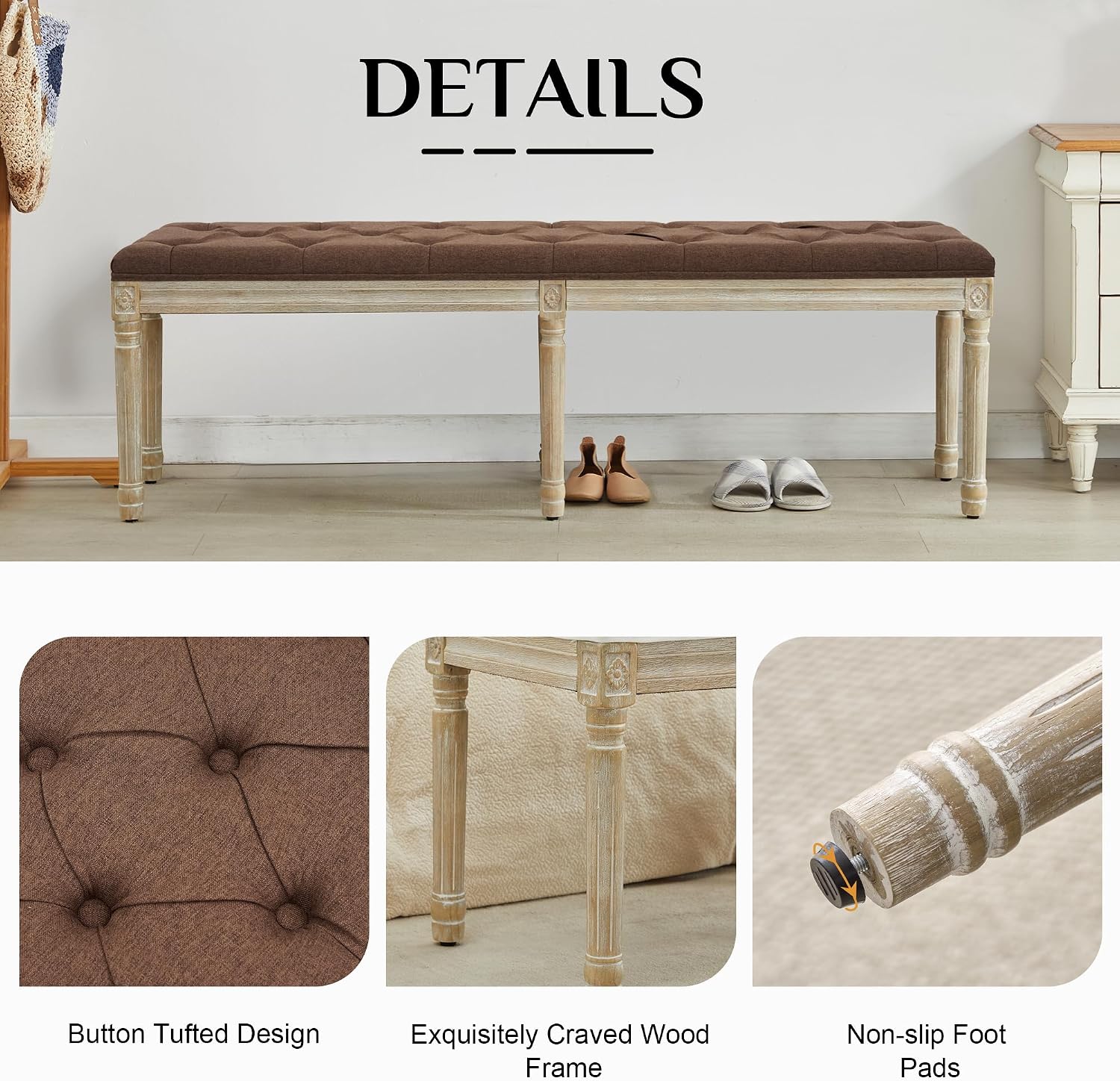 LOULENS 57.7' Linen Fabric End of Bed Bench, French Upholstered Button Tufted Bench for Bedroom End of Bed King Size, Window Seat with Carved Wood Legs for Bedroom, Living Room, Entryway, Brown