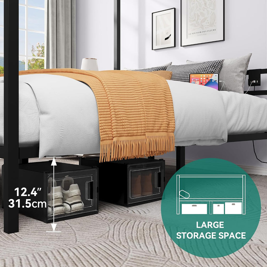 YITAHOME Canopy Bed Frame, Queen Size Metal Bed Frame with USB Charging Station, Four Poster Platform Bed with Metal Slats Support, 12.4 inch Storage Beneath Bed, No Box Spring Needed, Black