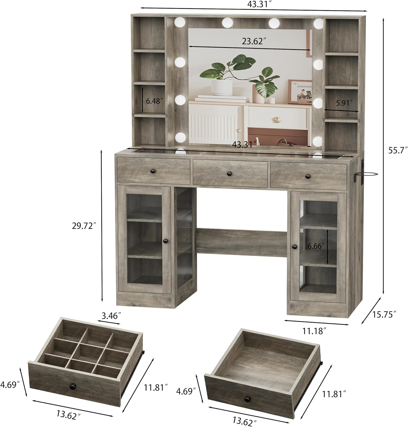 Grey Vanity Desk with Mirror and Lights, Glass Top Vanity with Lighted Mirror & RGB Glass Cabinet and 3 Drawers, Farmhouse Makeup Vanity Desk with Lights Dressing Table for Bedroom, 3 Color Modes