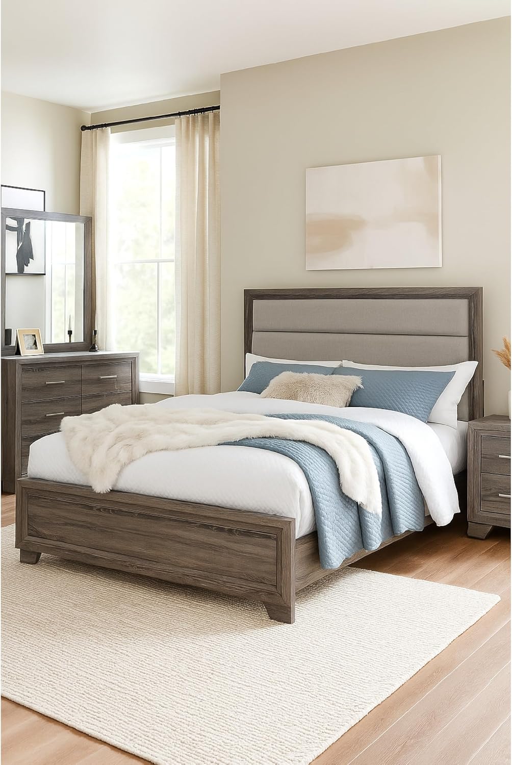 Benzara Reay 4 Piece Queen Bedroom Set with Dressers, Upholstered, Gray Brown