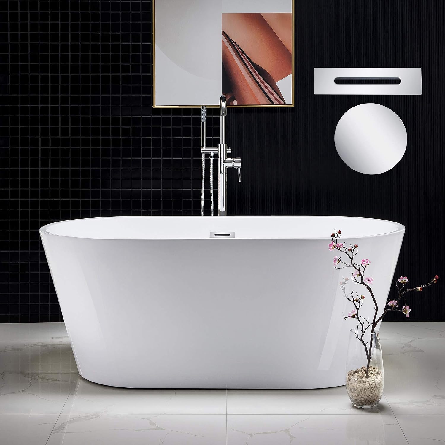 WOODBRIDGE 59' Acrylic Freestanding Bathtub Contemporary Soaking White Tub with Chrome Overflow and Drain,B0014-CH