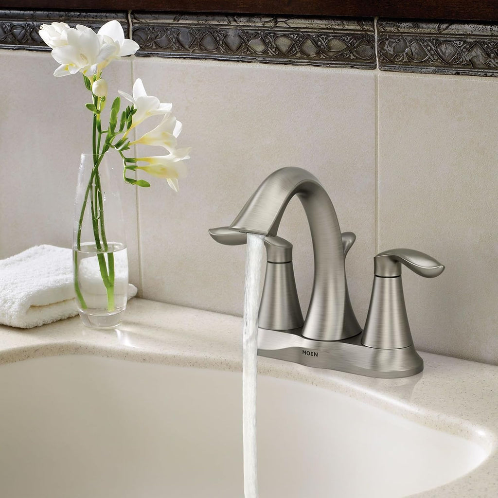 Moen Eva Brushed Nickel Two-Handle 4-Inch Centerset Bathroom Faucet with Drain Assembly, Bathroom Faucets for Sink 3-Hole, 6410BN