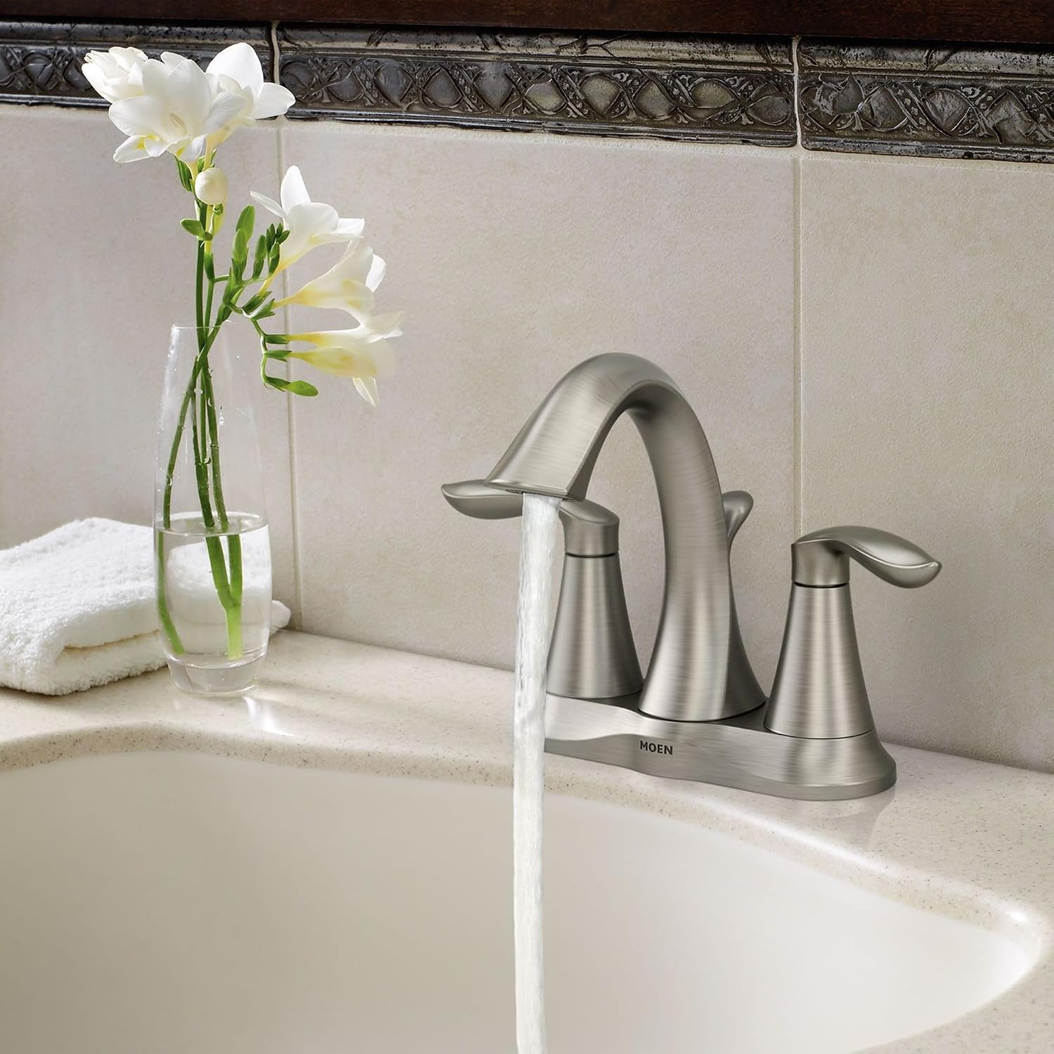 Moen Eva Brushed Nickel Two-Handle 4-Inch Centerset Bathroom Faucet with Drain Assembly, Bathroom Faucets for Sink 3-Hole, 6410BN