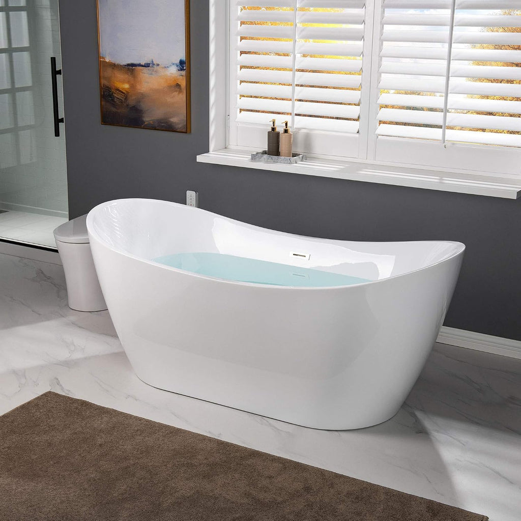 WOODBRIDGE 67' Acrylic Freestanding Bathtub Contemporary Soaking White Tub with Chrome Overflow and Drain,B0010-C