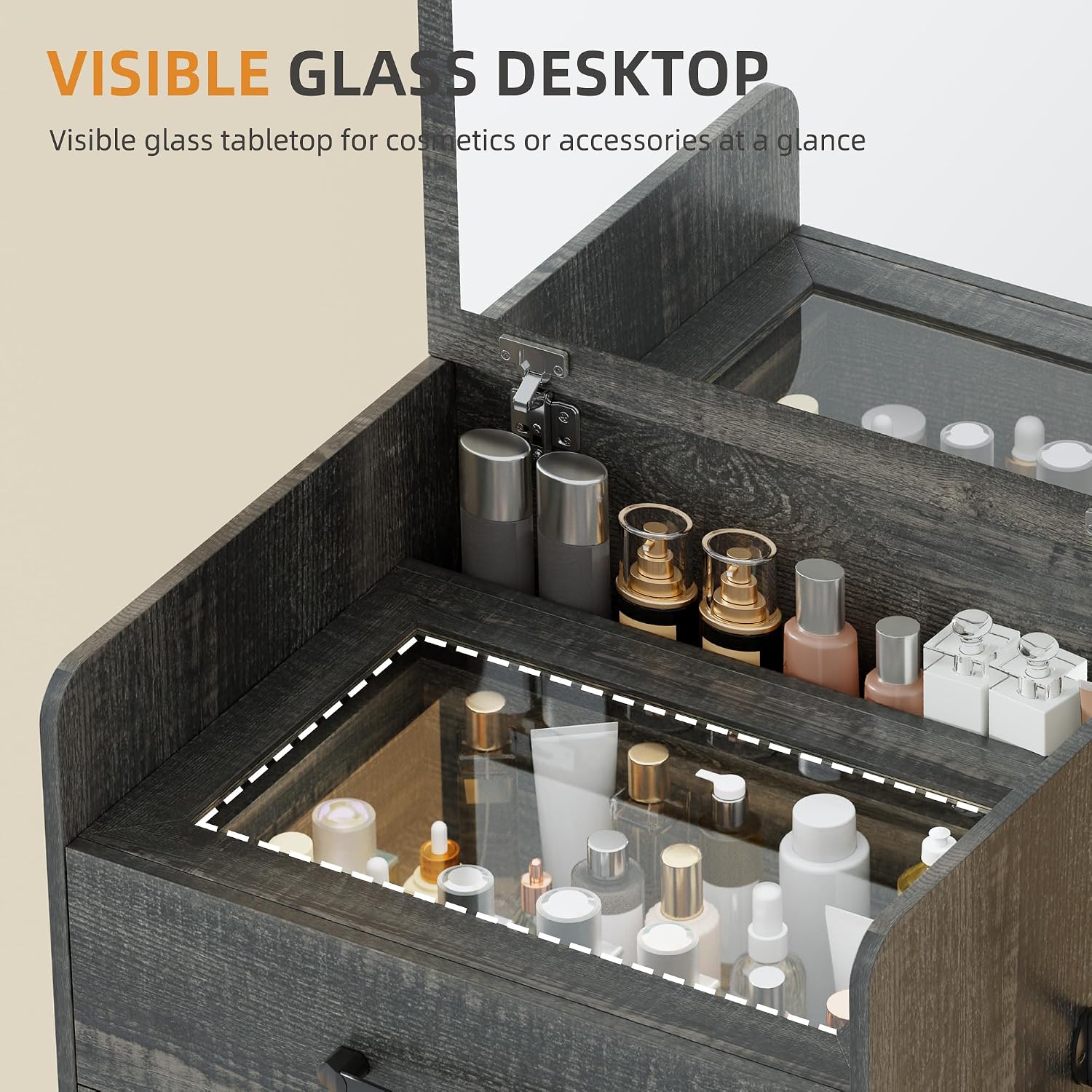Gurexl 3 in 1 Vanity Desk with Flip Top Mirror,Small Make Up Vanity Set with Visible Glass Desktop,Compact Makeup Vanity with 3 Drawers,Cushioned Stool,Dressing Table for Bedroom,Dark Oak