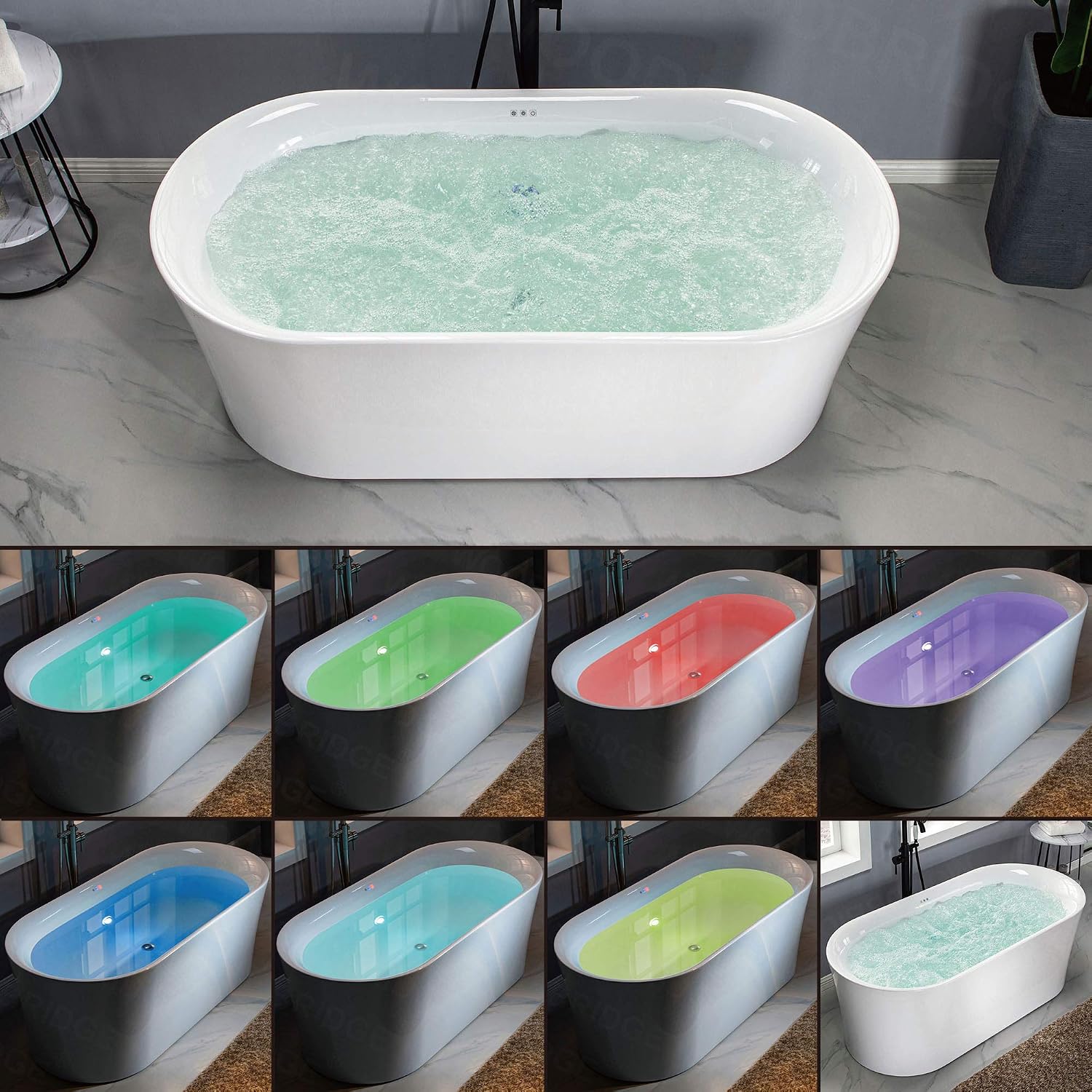 WOODBRIDGE 67' Acrylic Freestanding Bathtub Contemporary Soaking White Tub with Brushed Gold Overflow and Drain，B0101 -BG-Drain &O