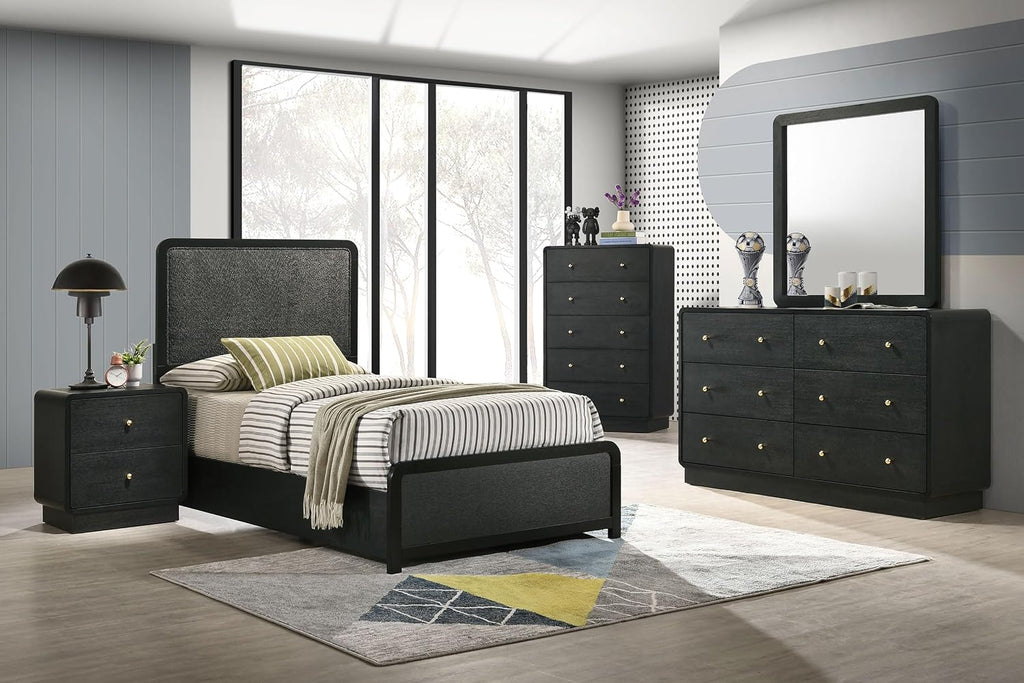 Coaster Home Furnishings - Cavelle - Wood - 5-Piece Bedroom Set with Panel Bed, Metal Knobs, and Upholstered Headboard - Bedroom - Twin Size - Black - 223661T-S5