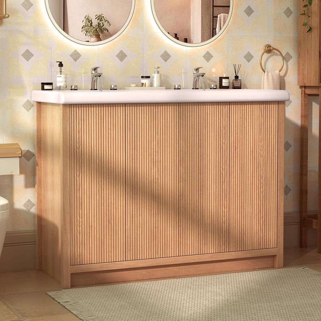 46.7 inch Bathroom Sink Vanity Combo, Large Freestanding Double Bath Vanity Sink Set with 4 Cabinets, Dual Basin Bathroom Storage Cabinet, Natural Wood Color